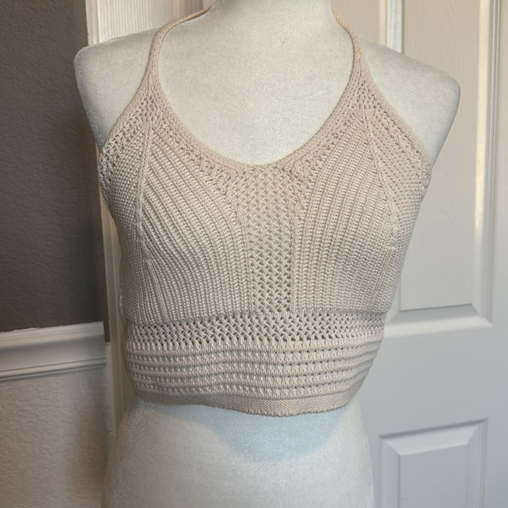 Aerie Beige Crochet Knit Halter Crop Top - Large